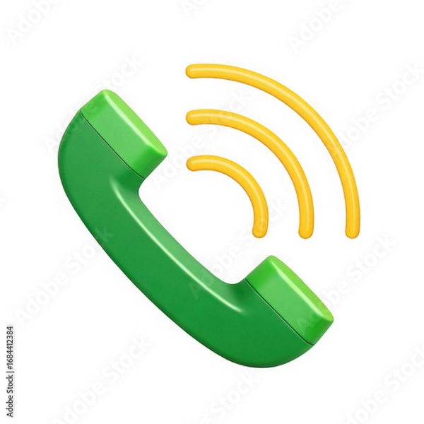 Fototapeta Green 3d rendered telephone handset with yellow sound waves communication concept transparent background