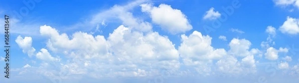Fototapeta White cumulus clouds on clear blue sky background panorama, beautiful cloudy skies panoramic view, fluffy cloud texture, cloudscape backdrop, sunny summer day heaven landscape, cloudiness, copy space