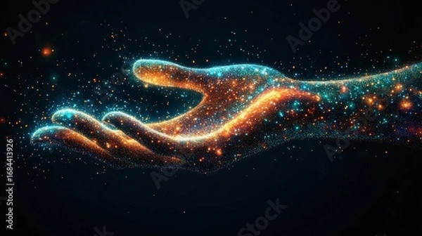 Fototapeta A digital hand, glowing with vibrant particles