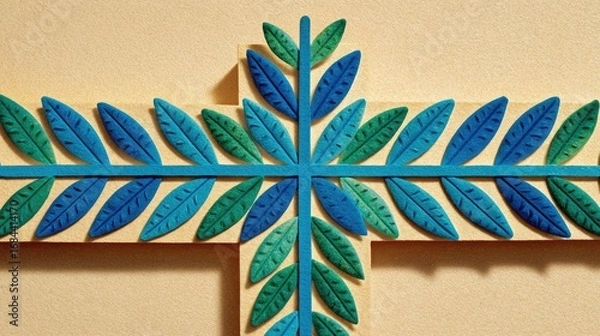 Fototapeta Cross design with stylized leaves in shades of teal and green.