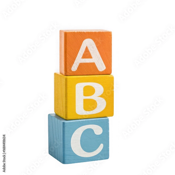 Fototapeta Stack of three colorful wooden alphabet blocks with letters abc studio shot transparent background