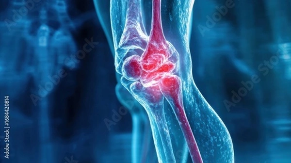 Obraz X-ray of human knee joint and leg on blue background 3D rendering