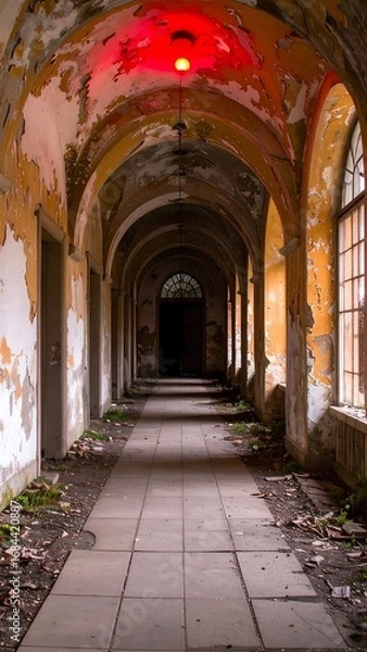 Fototapeta A decaying hallway with an ominous red light