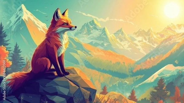Obraz Fox on Mountain: Isometric Geometrical Design Illustration in Beautiful Landscape digital sitting rock