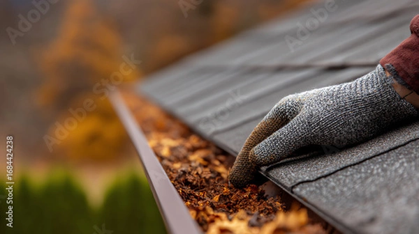 Obraz A gloved hand is clearing dry leaves and debris from a clogged roof gutter, preventing water damage and ensuring proper drainage during the autumn season