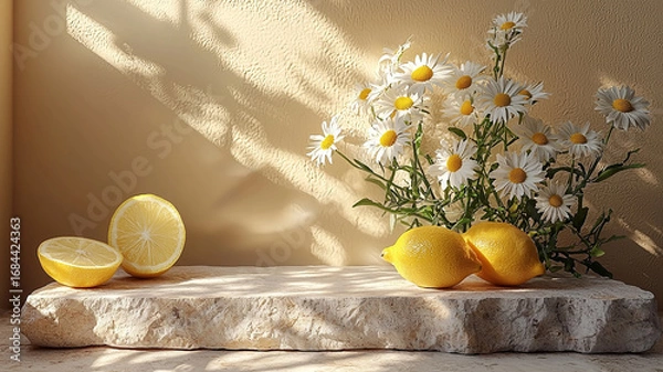 Fototapeta Sunlit Lemons and Daisies Still Life on Light Stone