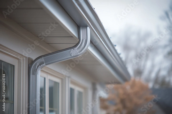 Obraz Close-up of a metal rain gutter and downspout system attached to a house exterior, designed to direct rainwater away from the building’s foundation