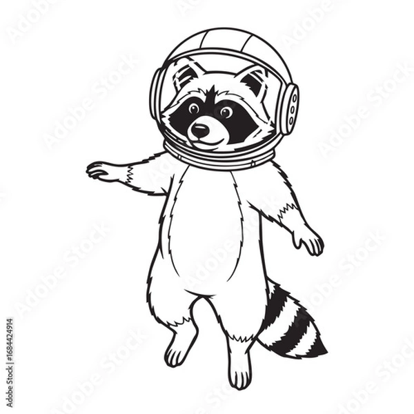 Obraz Vector art of a raccoon astronaut in a space suit,is depicted in a cartoon style,standing with its paws outstretched and tail visible