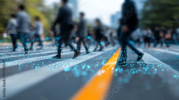 Obraz Blurred pedestrians crossing a street with digital blue dots overlay, symbolizing smart city technology and data analytics in urban mobility