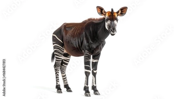 Obraz Okapi standing looking forward with zebra striped legs on a white background
