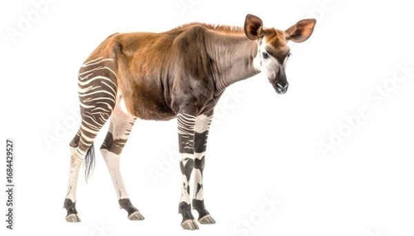 Obraz Okapi standing attentively with striped legs on a plain background