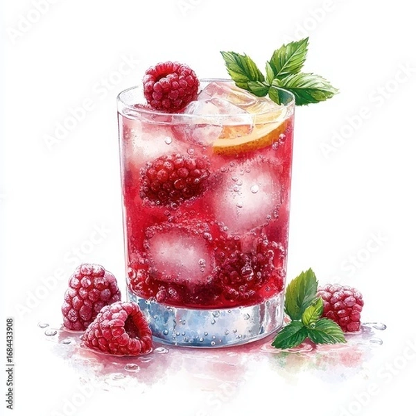Fototapeta Carbonation Dynamics in Raspberry-Infused Sparkling Beverages with Botanical Garnish