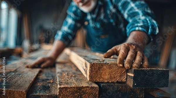 Fototapeta Close-up of a craftsman's hand checking lumber.