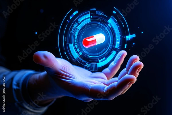 Fototapeta Hand holding futuristic medical capsule with digital interface image