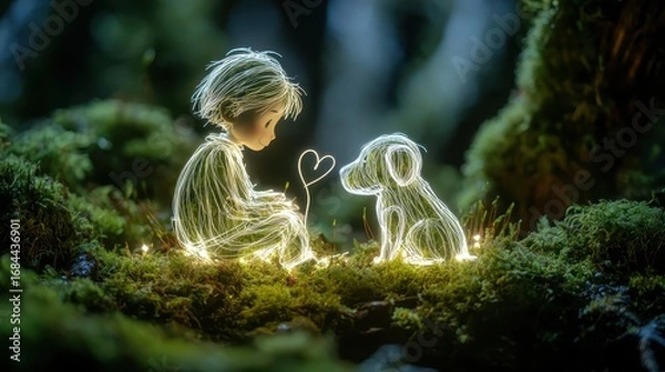 Fototapeta Photonic Light Sculpture of Child and Canine in Forest Ecosystem with Bioluminescent Features