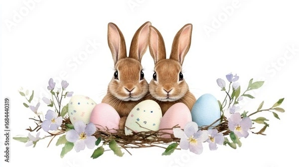 Fototapeta Two Easter bunnies in a nest of spring flowers and eggs, soft watercolor art