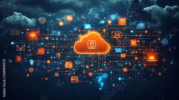 Fototapeta Glowing Orange Cloud Computing Network in Dark Blue Sky