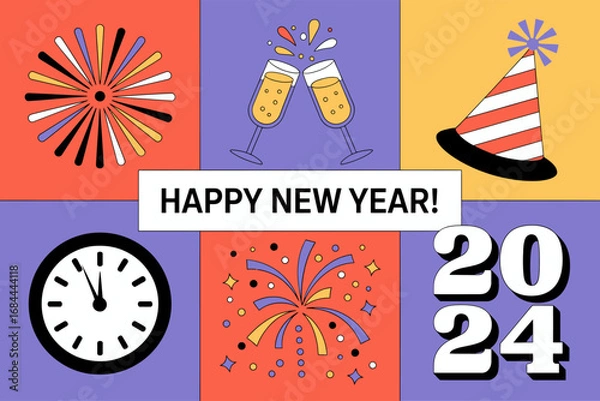 Fototapeta Happy New Year 2024 illustration set, colorful festive celebration design, fireworks and party decoration art, cheerful seasonal graphic elements