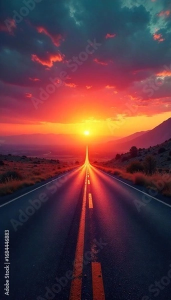Obraz Asphalt road stretches towards a vibrant sunset, disappearing into the hazy horizon Endless journey, open road, freedom, travel, adventure awaits , unknown, countryside