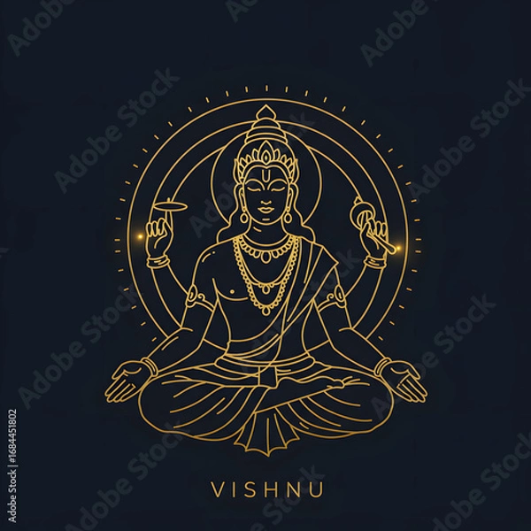 Fototapeta Golden Line Art of Lord Vishnu Meditating on a Dark Blue Background with Celestial Aura - Spiritual, Divine, Hindu God