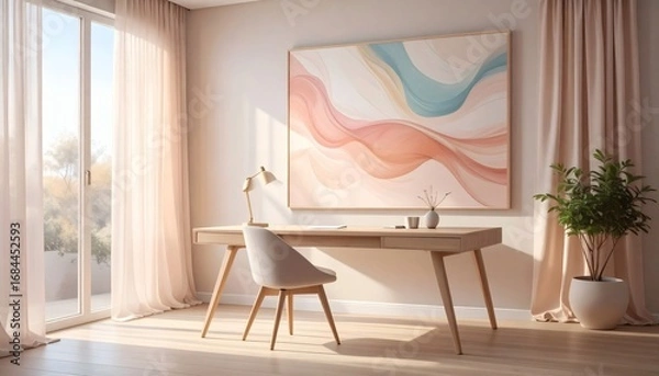 Fototapeta Serene Home Office: Modern Desk, Abstract Art, Natural Light, Minimalist Design.