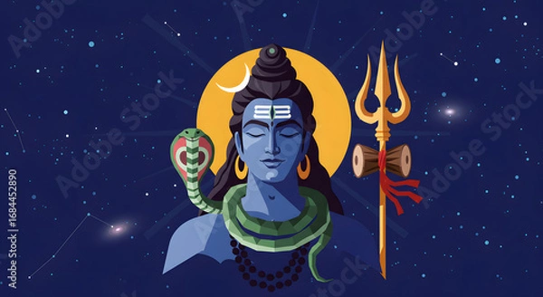 Fototapeta Lord Shiva's Cosmic Vision: Blue Deity with Serpent, Trident, and Crescent Moon in Starry Night Sky