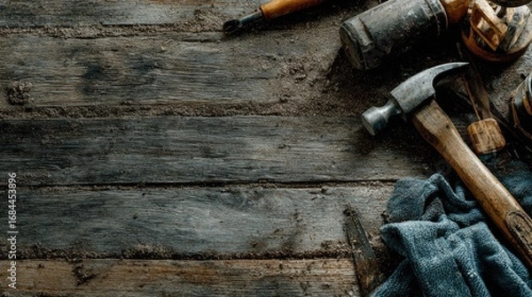 Fototapeta Assorted construction tools on a weathered wooden surface.
