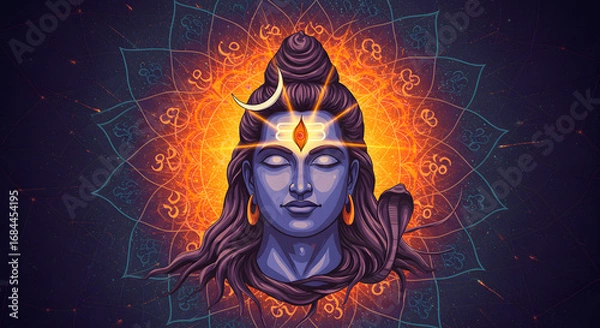 Fototapeta Lord Shiva's Serene Face with Third Eye and Crescent Moon, Cosmic Mandala Background - Spiritual, Mystical, Hindu Deity Art