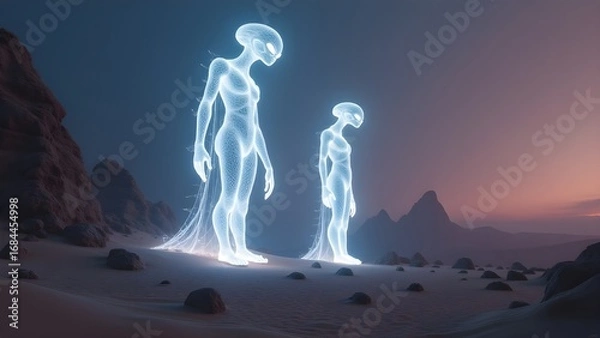 Obraz Two luminous alien beings materialize on a desolate exoplanet, a futuristic sci-fi concept of extraterrestrial visitation