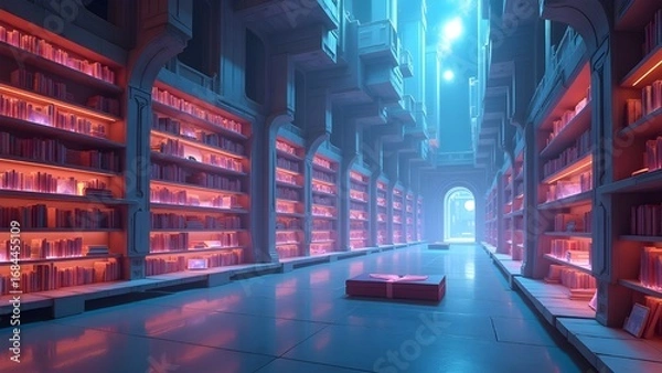 Obraz Architectural interior of a majestic library with luminous books creating a magical and scholarly atmosphere