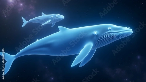 Obraz Majestic glowing blue whales, a mother and her calf, gracefully navigating the cosmic ocean of a star-filled galaxy