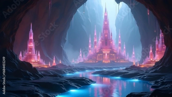 Obraz Enchanted subterranean kingdom featuring a luminous pink crystal palace and a glowing blue river flowing through a vast dark cavern