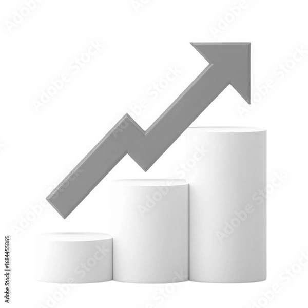 Fototapeta Gray arrow pointing upward over white cylinders representing business growth and success white background