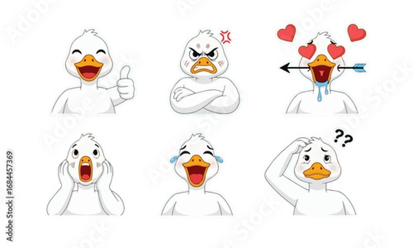 Fototapeta Funny and Cute Cartoon White Duck Character Expressions Set - A collection of hand-drawn sticker-style vector illustrations showing various emotions like happy, angry, in love, shocked, crying,