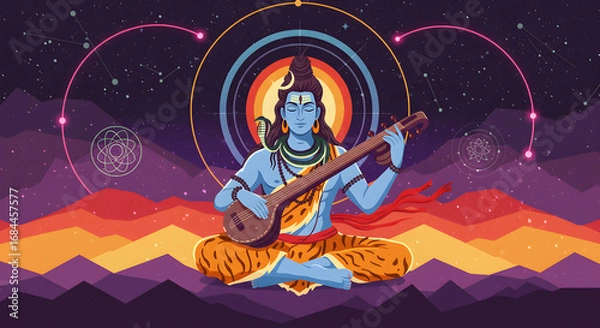 Fototapeta Lord Shiva Playing Veena in Cosmic Universe with Mountains and Constellations - Spiritual, Meditative, Divine Art