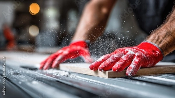 Fototapeta Close-up of a worker's hands in red safety gloves operating a woodworking table saw.