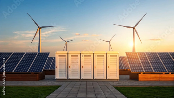 Fototapeta Renewable energy storage solutions with solar panel wind turbine and battery system at sunset for sustainable power