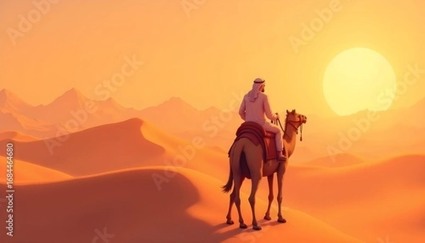 Fototapeta A young Middle Eastern man with dark hair and a beard, wearing a thobe, riding a camel through the desert at sunset.