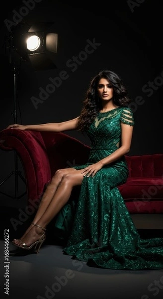 Fototapeta A woman in a rich emerald green gown sits elegantly on a deep crimson velvet couch, highlighted by  lighting.