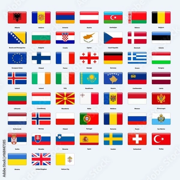 Fototapeta Set of flags of all countries of Europe. Rectangle glossy style.