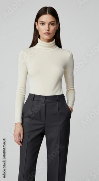 Fototapeta A woman's elegant cream turtleneck top and dark gray pleated trousers, showcasing a sophisticated and timeless style.