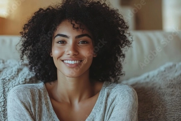 Fototapeta Happy young woman sitting on a sofa at home, smiling with joy as she looks at the result of a home pregnancy test, feeling elated by the positive outcome, Generative AI