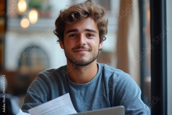 Fototapeta Portrait of a young businessman, office worker who works in the office on a laptop and holds documents, bills, and agreements, looking at the camera with a confident smile, Generative AI
