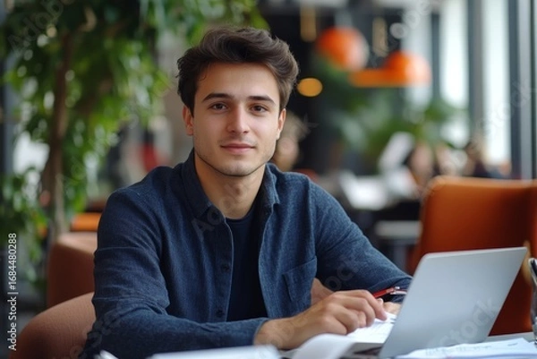 Fototapeta Portrait of a young businessman, office worker who works in the office on a laptop and holds documents, bills, and agreements, looking at the camera with a confident smile, Generative AI