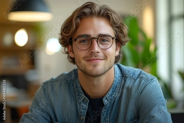 Fototapeta Smiling young man in glasses and a denim shirt sitting at an office desk, actively working and conversing on a video call, staying engaged and approachable in a professional environment, Generative AI