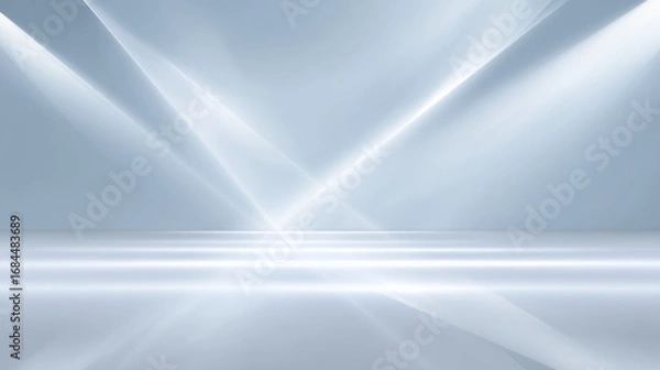 Fototapeta Bright, clean, abstract white background with modern, reflective floor. Crisscrossing spotlight beams create calm and empty studio space for product display