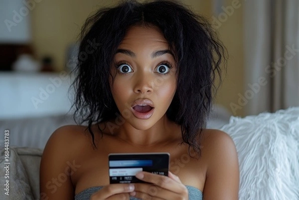 Fototapeta Close-up photo of African-American woman sitting on the sofa at home, holding a phone and credit card, looking at the camera with a worried and shocked expression, dealing, Generative AI