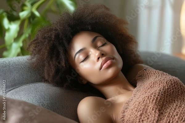Fototapeta Young beautiful woman resting at home after work, African American woman sleeping or napping on the sofa in the living room during the daytime, recharging for the next task, Generative AI