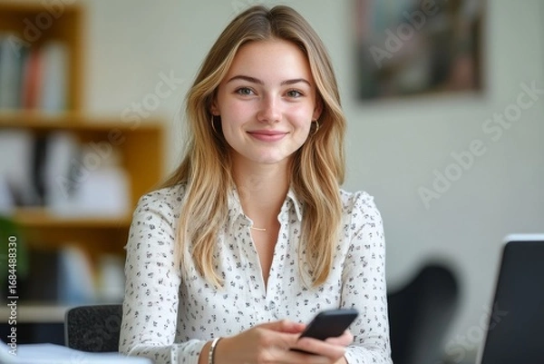 Fototapeta Portrait of a young businesswoman sitting at the office desk, using a mobile phone and smiling at the camera, balancing professional responsibilities with a friendly demeanor, Generative AI