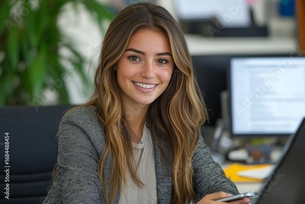 Fototapeta Portrait of a young businesswoman sitting at the office desk, using a mobile phone and smiling at the camera, balancing professional responsibilities with a friendly demeanor, Generative AI